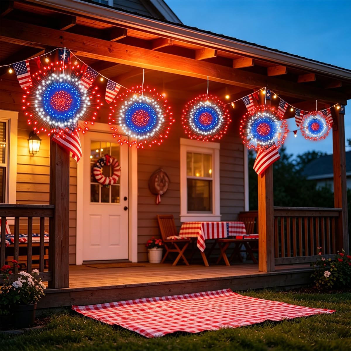 4th of July Decorations Solar Firework Lights Outdoor, 8 Pack 1440LED Red White Blue Hanging Starburst Fairy Lights USB Charging with 8 Modes Timer Remote for Garden Patio Gazebo Porch Patriotic Decor