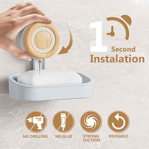 Double Layer Soap Dish for Shower 2 Pack, Wall Mounted Bar Soap Holder Suction Cup 2 Layer Self Draining Soap Case Sponge Holder for Shower Bathroom, Tub and Kitchen Sink, Drill-Free Tray (White-2pcs)