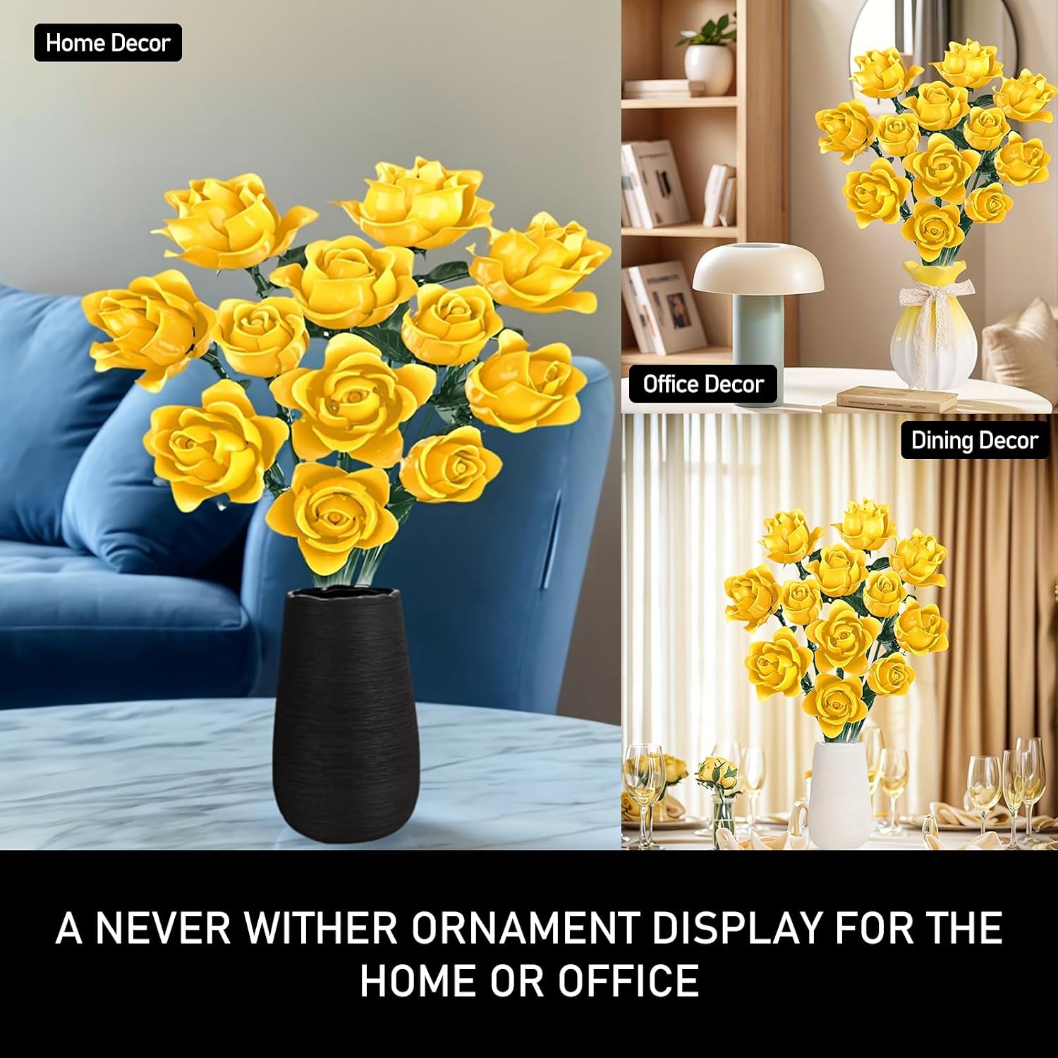 Yellow Roses Bouquet Building Set, Happy Sunny Flowers Botanical Collection, DIY Floral Arrangement for Adults Women - Housewarming & Graduation Gift for Friends - Artificial Plant Home Decor