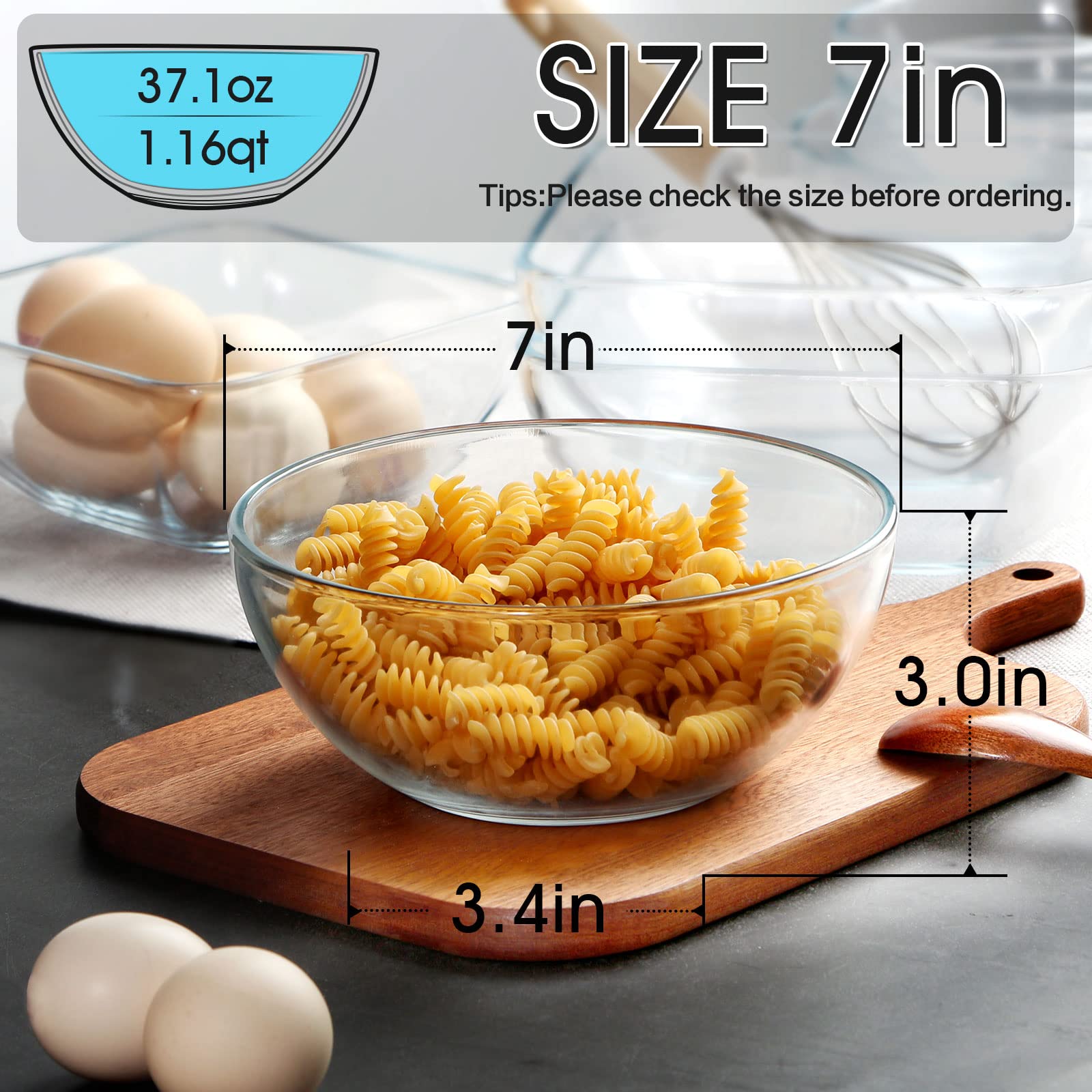 NUTRIUPS 7 Inch Medium Glass Prep Bowls, 30oz Glass Bowl Set of 4, Clear Tempered Glass Salad Bowls for Kitchen Microwave and Oven Safe (7 inch, Set of 4)