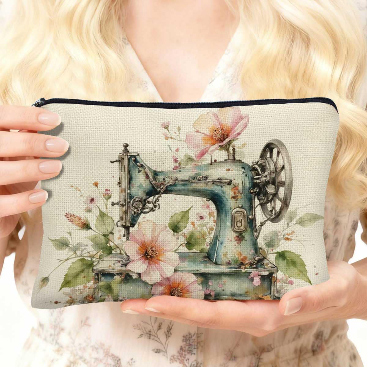 Sewing Machine Makeup Bag for Purse, Flower Large Capacity Purse Organizer Cosmetic Bag with Zipper, Portable Travel Pouch for Women, Cute Gifts for Women Coworker Sister