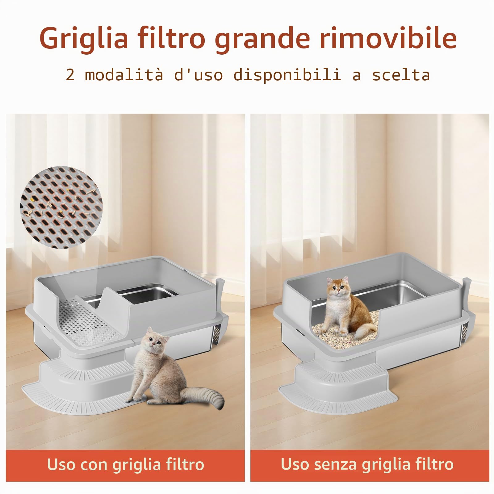 XXXL - Lettiera semi-chiusa in acciaio inox, 70 x 50 x 30 cm, parete laterale alta, in metallo, con passaggio filtrato, gradini, pala, non adesiva, facile da pulire (grigio chiaro)