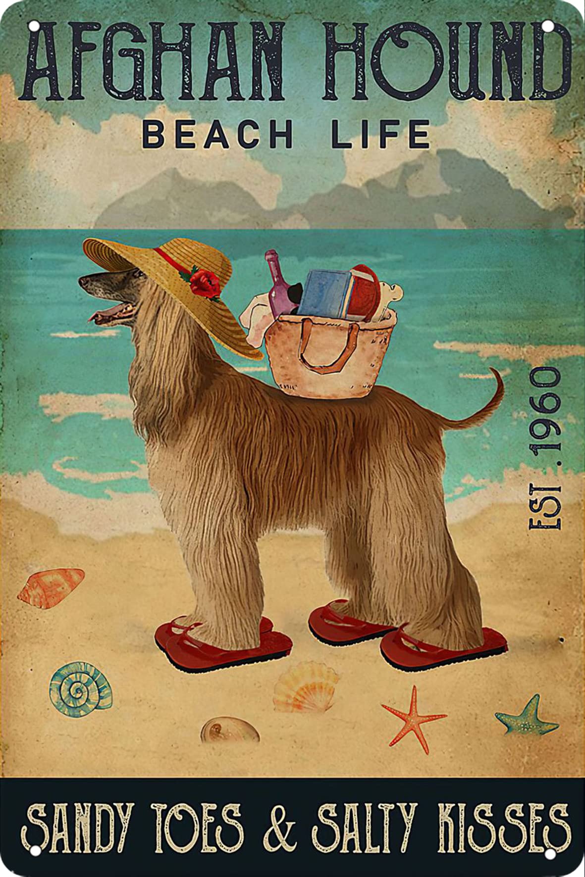 Metal Tin Sign - Retro Poster Wall Decor Afghan Hound Beach Life Vintage for Home Outside Farm Garden Coffee 8x12 Inch