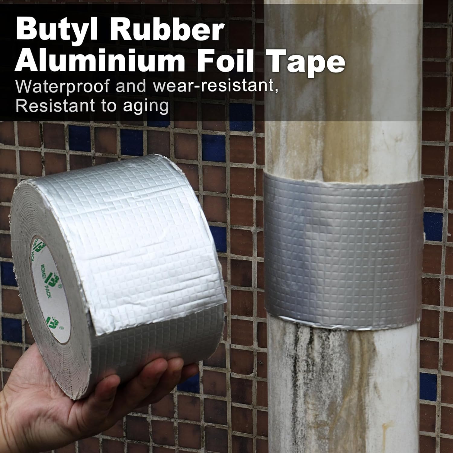 BOMEI PACK Leak Repair Butyl Tape 1.5mm x 4”W x 33’L, Aluminum Foil Waterproof Sealing Tape for Roof Flashing, Patching and Gutter, Boat, Duct, RV, Awning