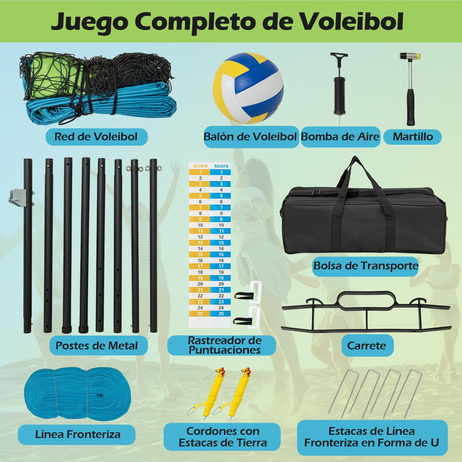 GOPLUS Red de Voleibol Ajustable en Altura, Kit Completo de Voleibol con Postes Metálicos, Balón, Bolsa de Transporte, Red de Vóleibol Profesional para Playa, 9,75 m x 0,9 m