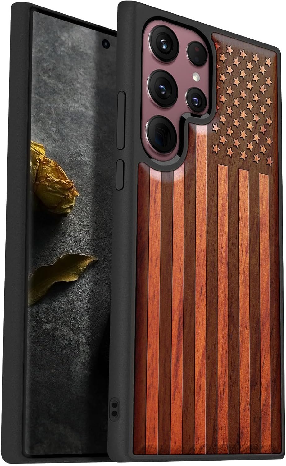 Carveit Wood Case for Galaxy S22 Ultra Case [Hard Real Wood & Soft TPU] Shockproof Protective Cover Unique & Classy Wooden Design Compatible with Samsung S22 Ultra (American Flag Carving-Rosy)