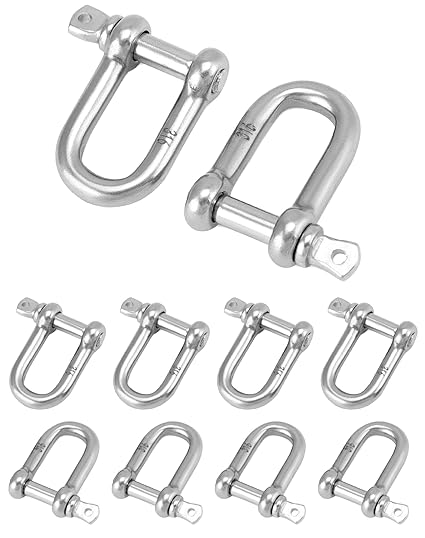 QWORK Marine Grade Bow Shackles, 10 Pack 1/4 Inch (6mm) 316 Stainless Steel D Ring Shackle, Screw Pin Anchor Shackle for Traction Steel Wire, Bolt Type Forged Marine Hardware
