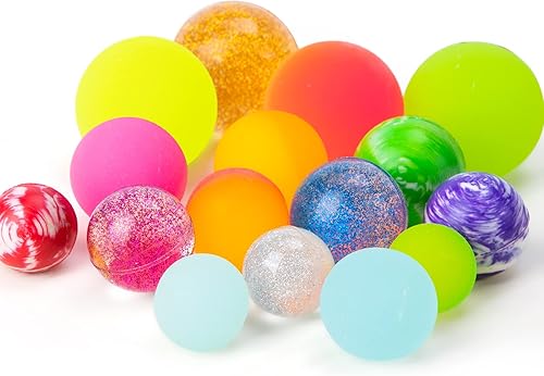Pllieay Bolas rebotantes para niños, paquete de 16 bolas inflables de colores surtidos, 4 tipos y 4 tamaños, bolas de rebote alto mixtas a granel