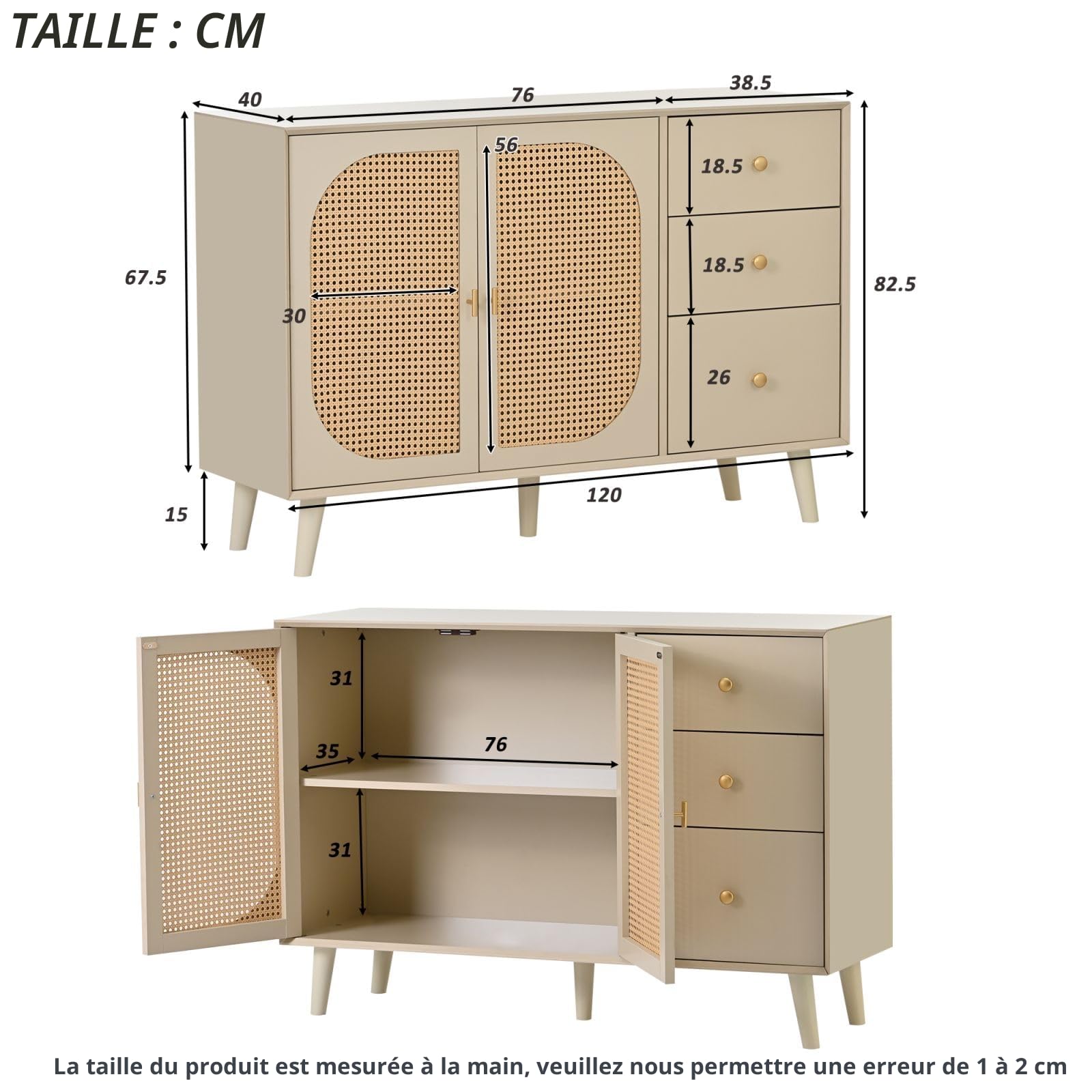 KOMHTOM Buffet Beige avec Portes en rotin, Meuble de Rangement avec 2 Portes et 3 tiroirs pour Salon Chambre à Coucher Salle à Manger Couloir (Beige Clair-D)