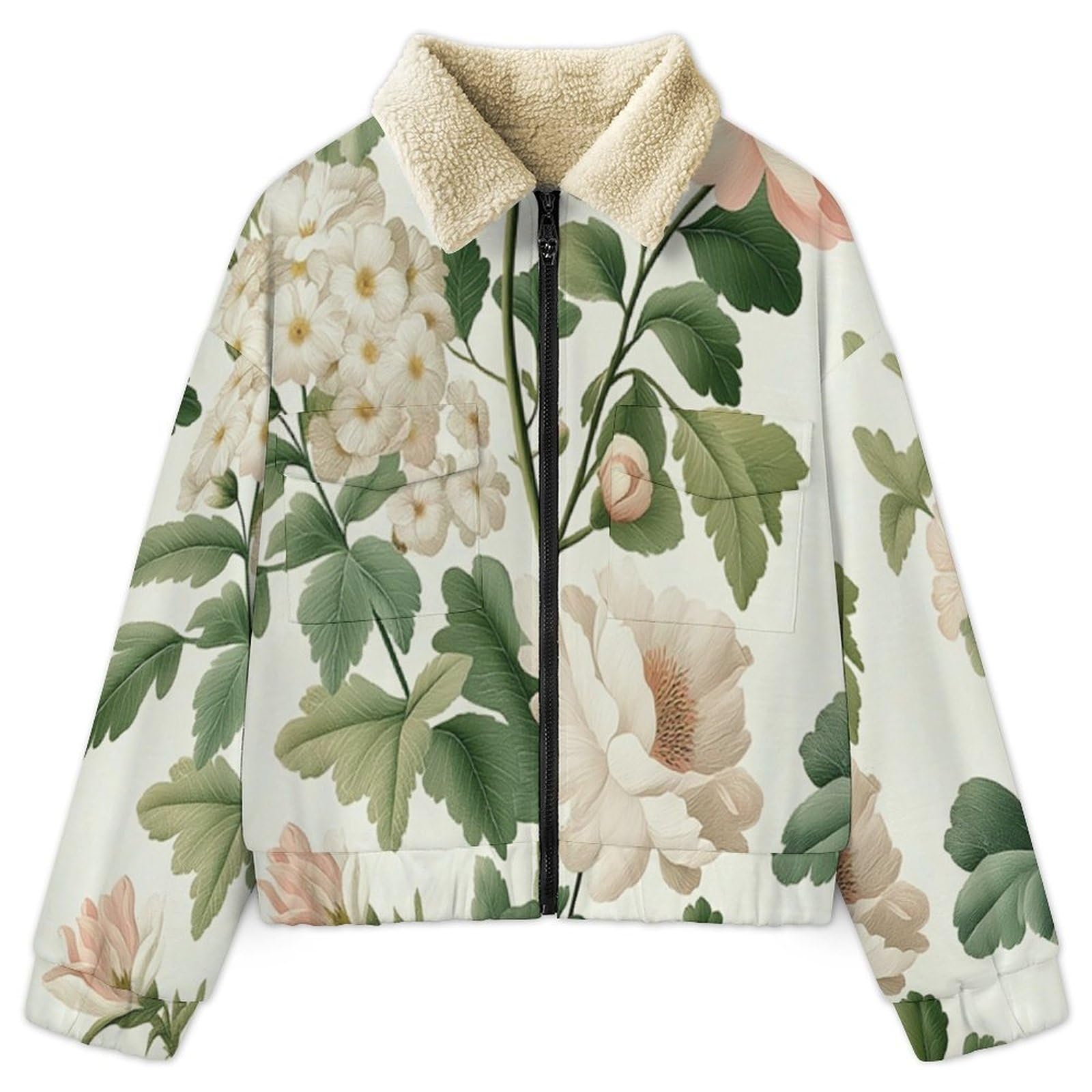 Donna Pile Giacca con Cerniera 2 Face, Piante fiori foglie Retrò, Comoda in Pile di Velluto Spesso e Tasche Giacca Calda, Casual Grande Giacche Autunno e Inverno