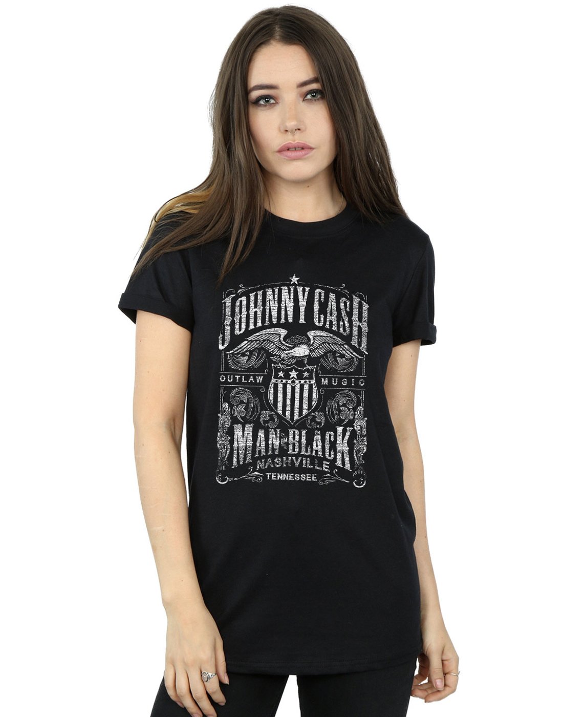 Absolute Cult Johnny Cash Women's Nashville Label Boyfriend Fit T-Shirt Black XX-Large