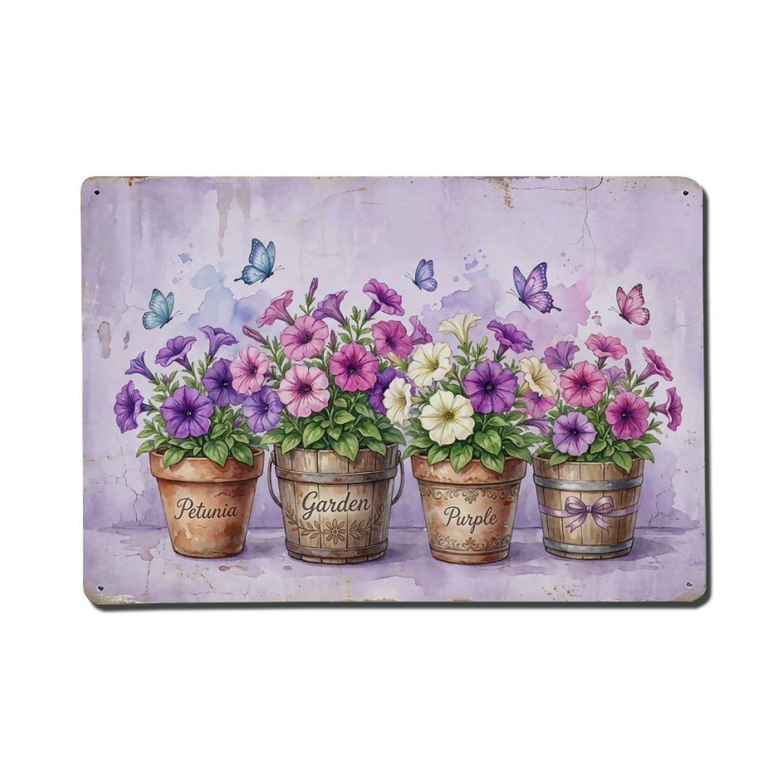 Vintage Rustic Flower Potted Plants Petunia Metal Tin Sign
