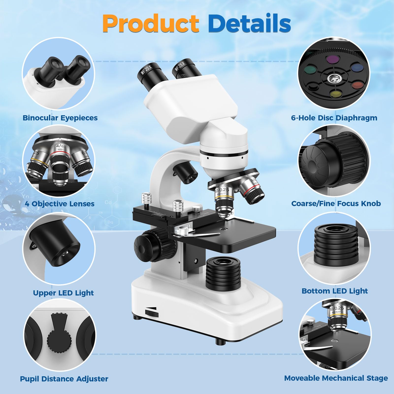 Microscopio Binoculare Composto per Adulti e Bambini: Microscopio Professionale 40X-1000X con Palcoscenico Meccanico a Doppio LED - Valigetta Portatile per Studenti Uso Lab Casa e Scuola Edu
