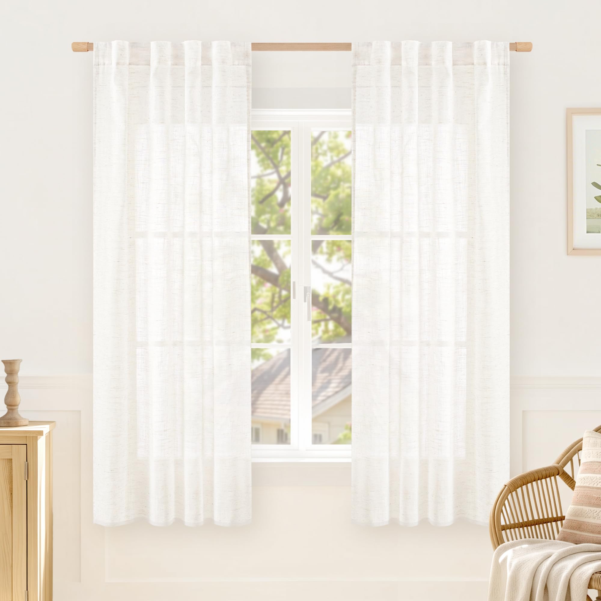 LAMIT Natural Linen Semi Sheer Curtains 84 Inches Long 2 Panels, Living Room Linen Textured Light Filtering Drapes Back Tab and Rod Pocket Neutral Window Panels for Bedroom/Sliding Door, 52 x 84 Inch — view 10