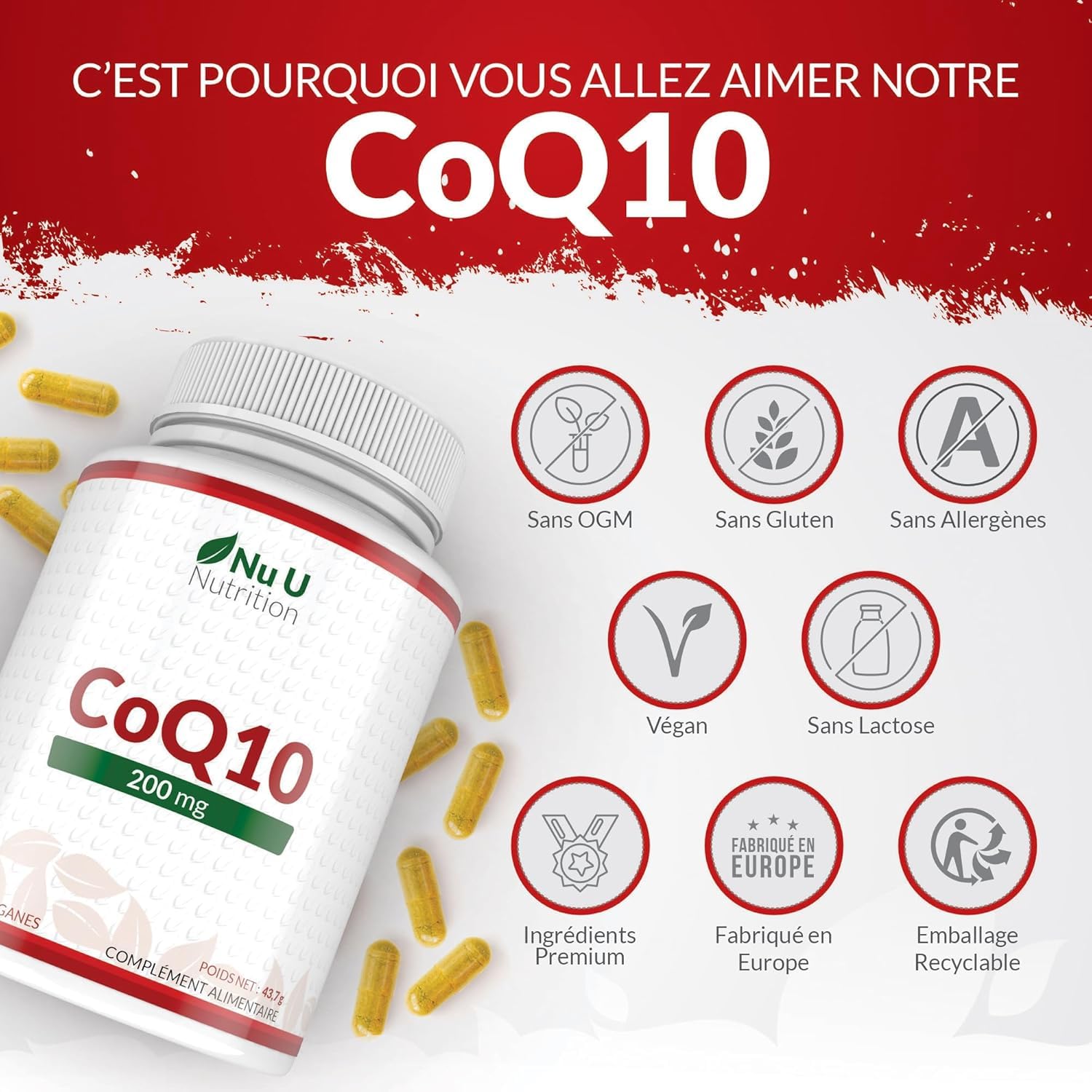 Coenzyme Q10 200mg – 120 Gélules Véganes – 2 Mois d’Approvisionnement – 100mg de CoQ10 par Gélule – 100% Ubiquinone Pure Fermentée Naturellement – Fabriqué en Europe – Nu U Nutrition