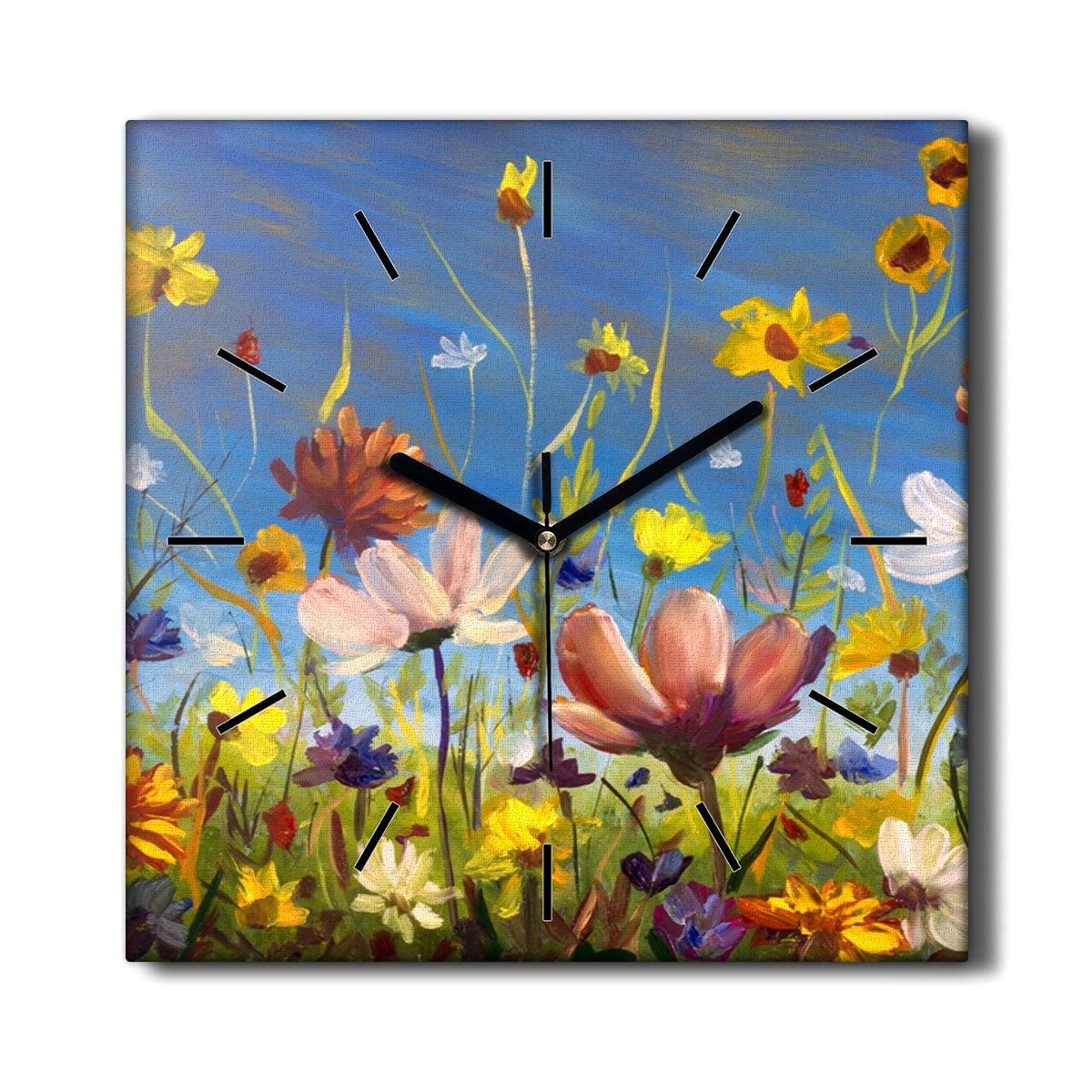 Horloge murale 30x30cm fleurs peinture prairie Coloray déco toile salon sans tic-tac