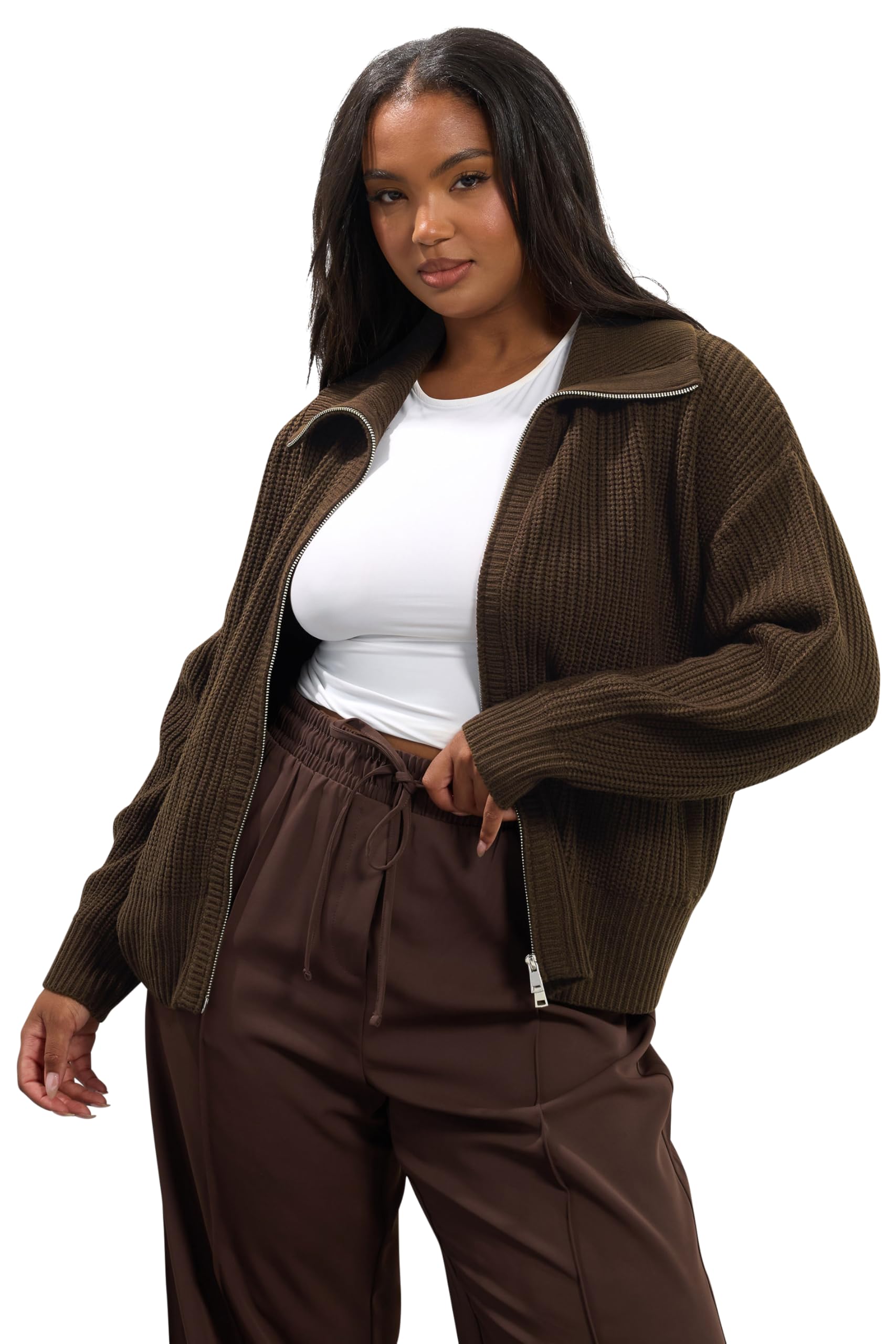 Yours Women's Brown Bomber Knitted Cardigan Sweater In | : 22/24