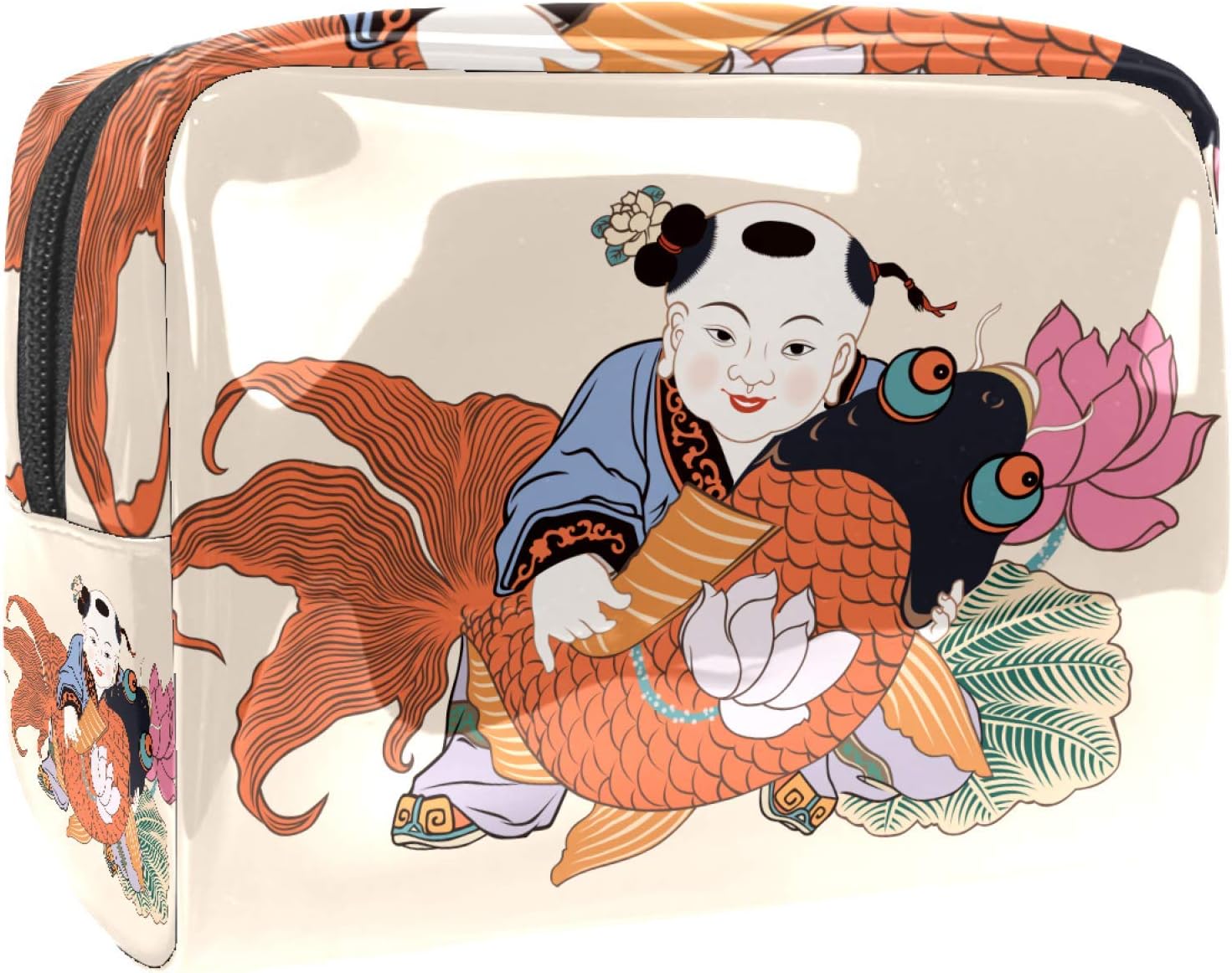 Portable Makeup Bag with Zipper Travel Toiletry Bag for Women Handy Storage Cosmetic Pouch Chinese New Year Fuwa Fish Lotus