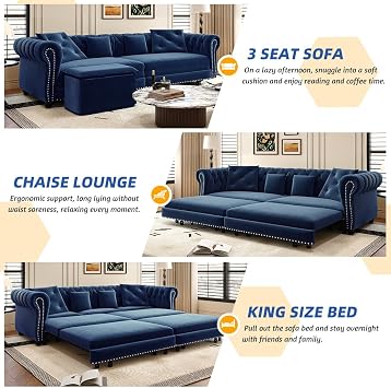 Queen Sleeper Sofa Bed with Movable Ottoman, 3 in 1 Convertible Sectional with Pull Out Bed with Mattress, Comfy Velvet Tufted Chesterfield Sofa, Mid Century Modern Couches for Living Room (Navy Blue)