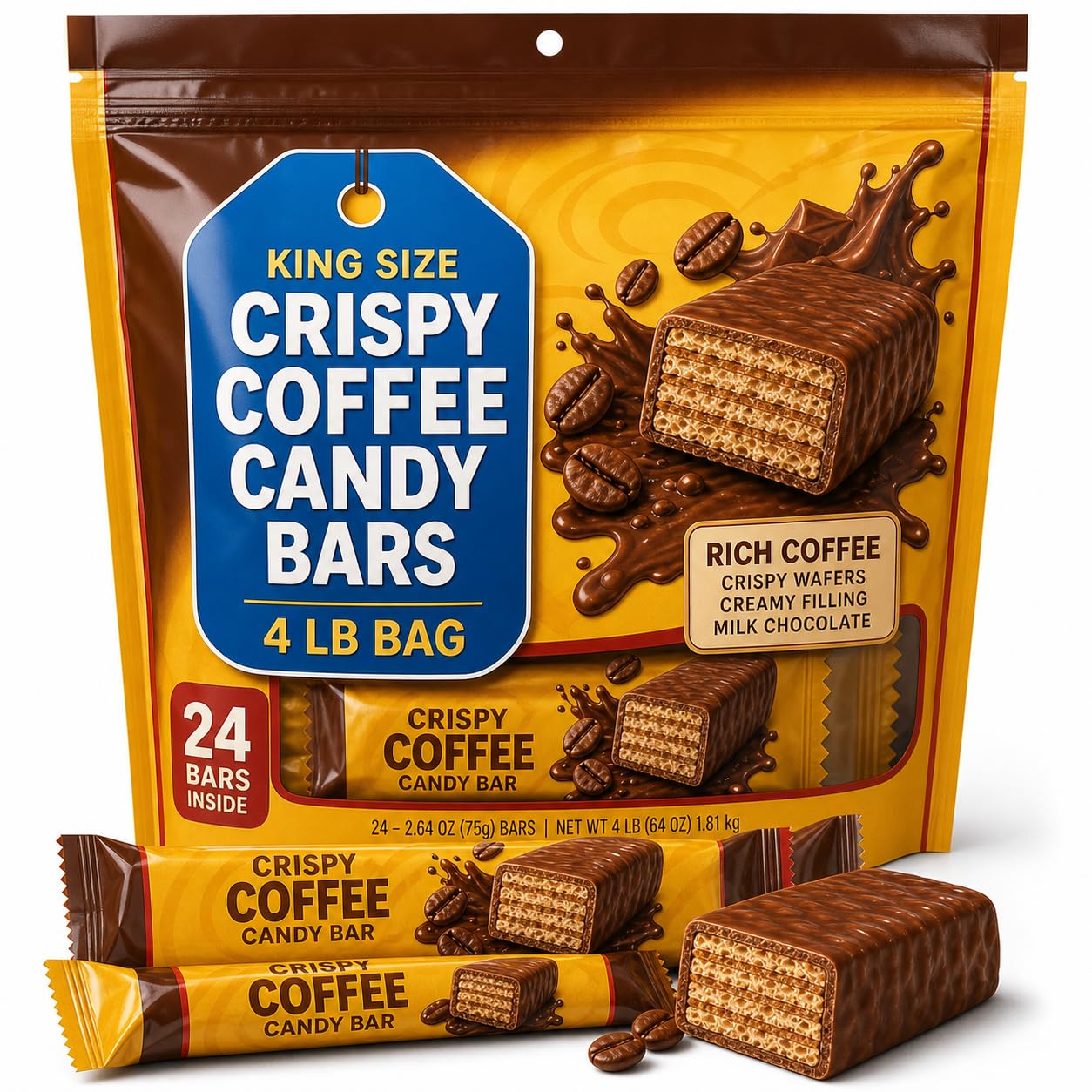 King Size Crispy Coffee Candy Bars, 2.64 oz Each, Pack of 6, 1 Pound Bag image 3