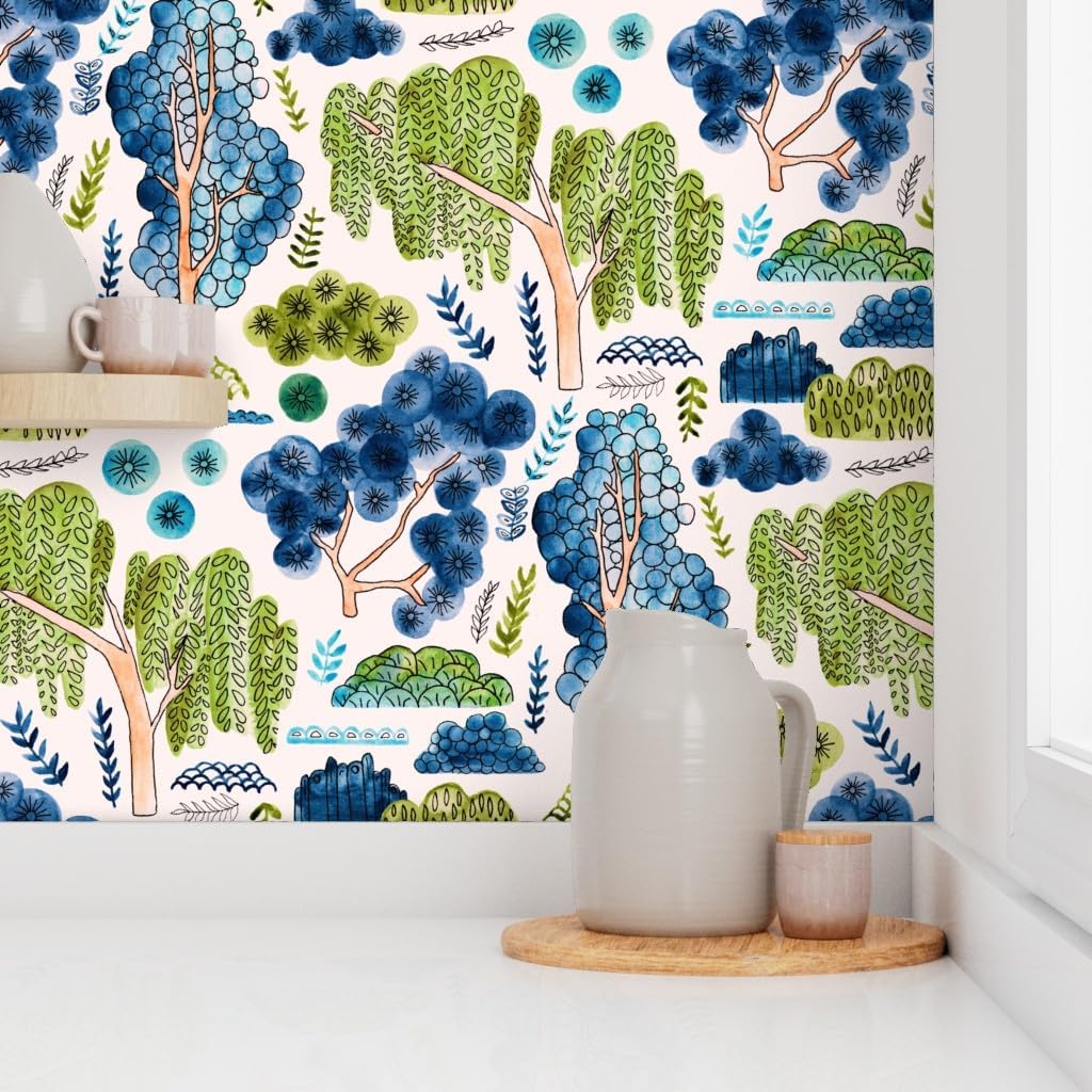 Removable Wallpaper 9ft x 2ft - Cute Watercolor Chinoiserie Garden Green Blue Nature Trees Asian Style Custom Pre-Pasted Wallpaper by Spoonflower