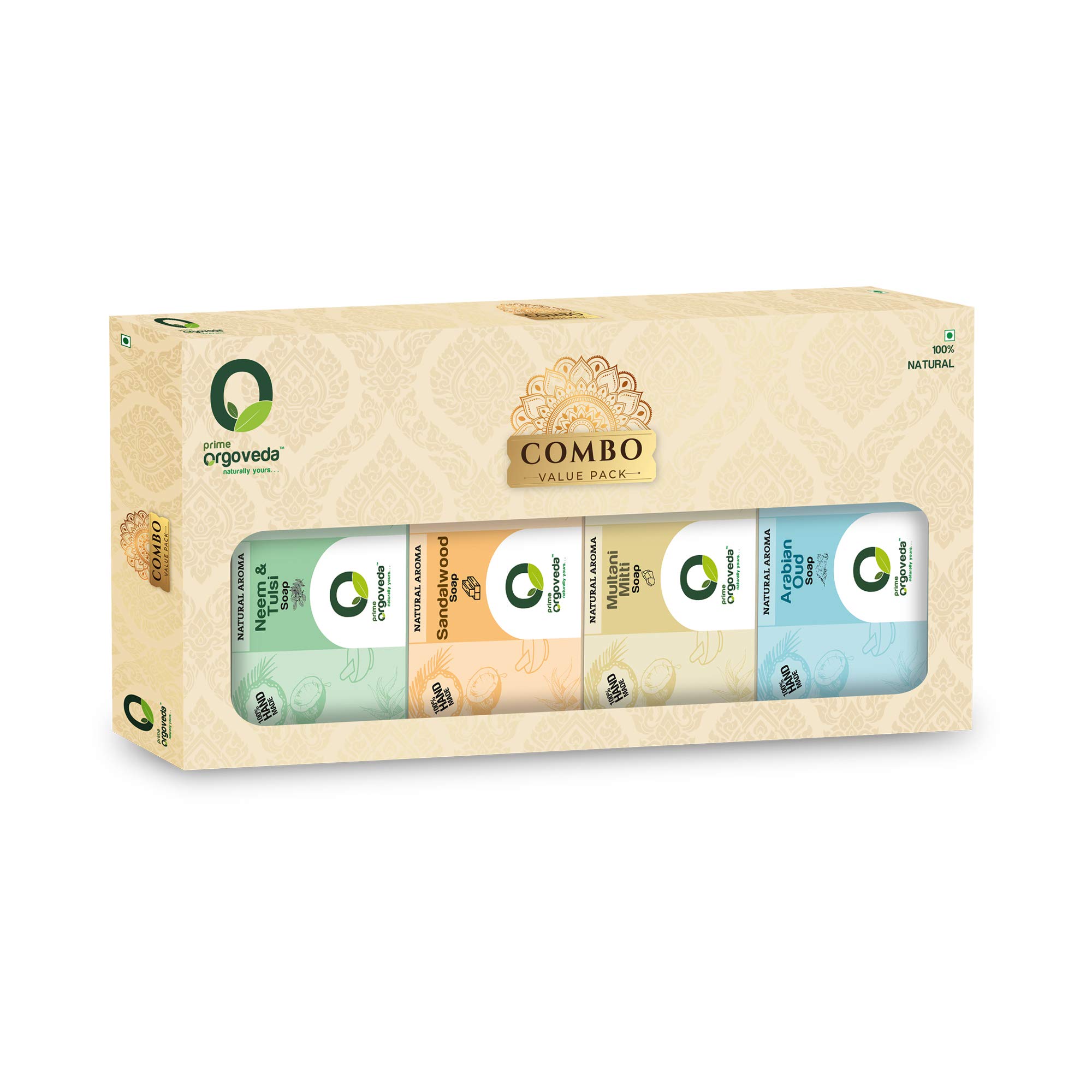 100% Natural Handmade Bathing Soap Combo Pack of 4 | Prime Orgoveda | Neem & Tulsi | Sandalwood | Muitani Mitti | Oudh | Ayurvedic Soaps Combo for glowing skin | Exotic Natural Beauty Soaps (Each 100g)