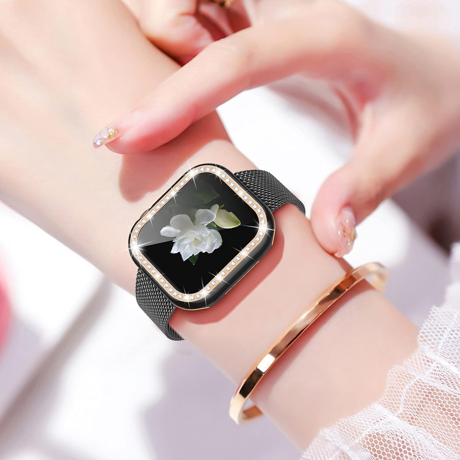 Goton Bling Case Compatible for Apple Watch 40mm Screen Protector iWatch SE Series 6 5 4 Accessories, Rhinestone Diamond Crystal Bumper Face Cover with Glass Film for Women Girl (40mm,Black)