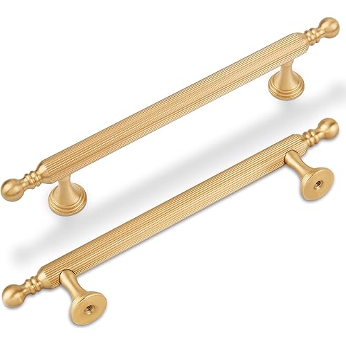 SALISENG-5 Inch Brushed Gold Kitchen Cabinet Pulls, 5 Pack Solid Brass Handles for Dresser and Drawer, European Style Furniture Hardware Door Handles for Closet Wardrobe Vanity…