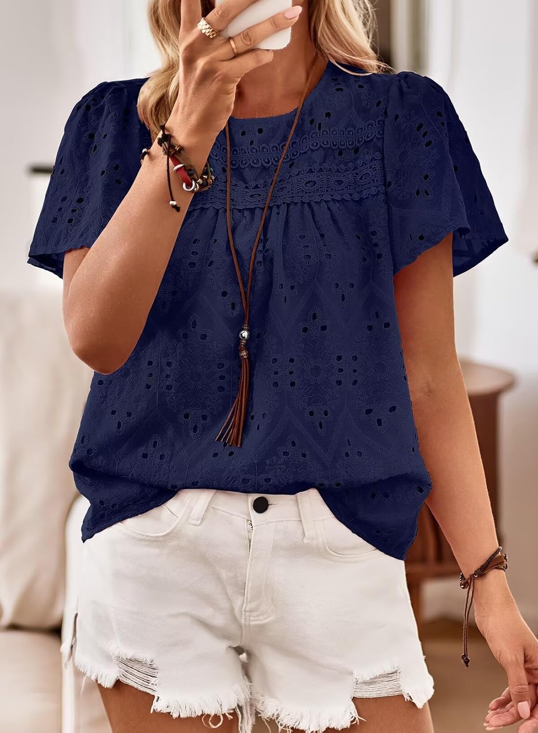 Womens Summer Tops Boho Short Sleeve Crew Neck Blouses for Women Dressy Casual Babydoll Cute Flowy Preppy Shirts - Image 4