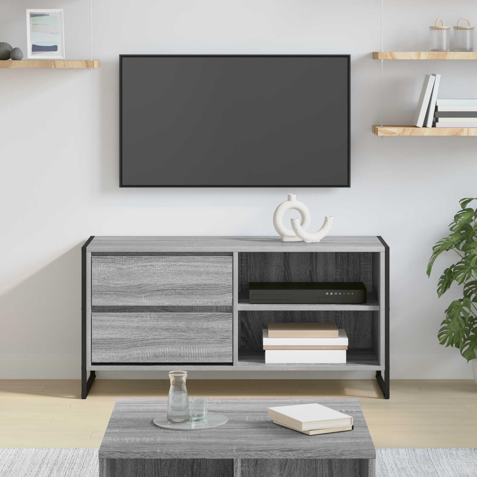 Meble telewizyjne 100 x 36 x 49,5 cm, szary materiał drewnopochodny, konsola medialna z systemem zarządzania kablami i miejscem do przechowywania do salonu, kina domowego, kredens