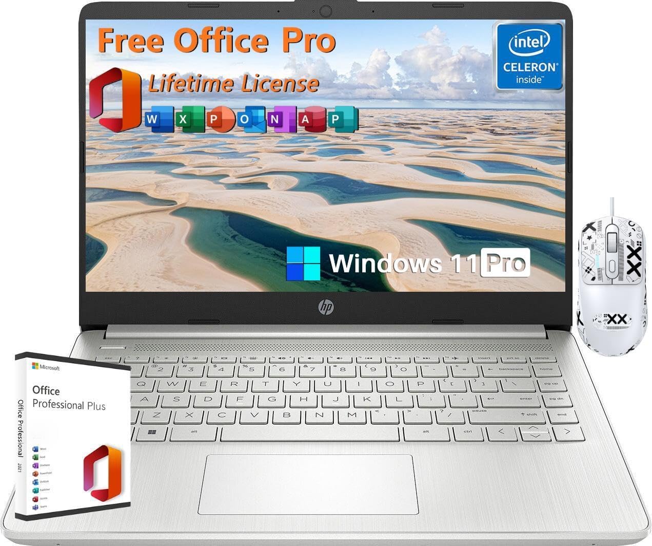 HP 14 Inch Laptop Student Business, with Office Lifetime License & Windows 11 Pro, Intel Dual-Core N4120, 8GB RAM, 384GB Storage(128GB eMMC+256GB MSD), Ultra Light, Webcam, WiFi, Accessories