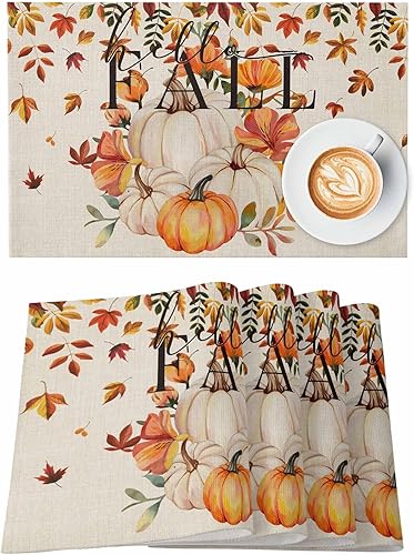 Manteles individuales para mesa de comedor, juego de 4 manteles individuales para otoño, Acción de Gracias, calabaza, flor y girasol, manteles para