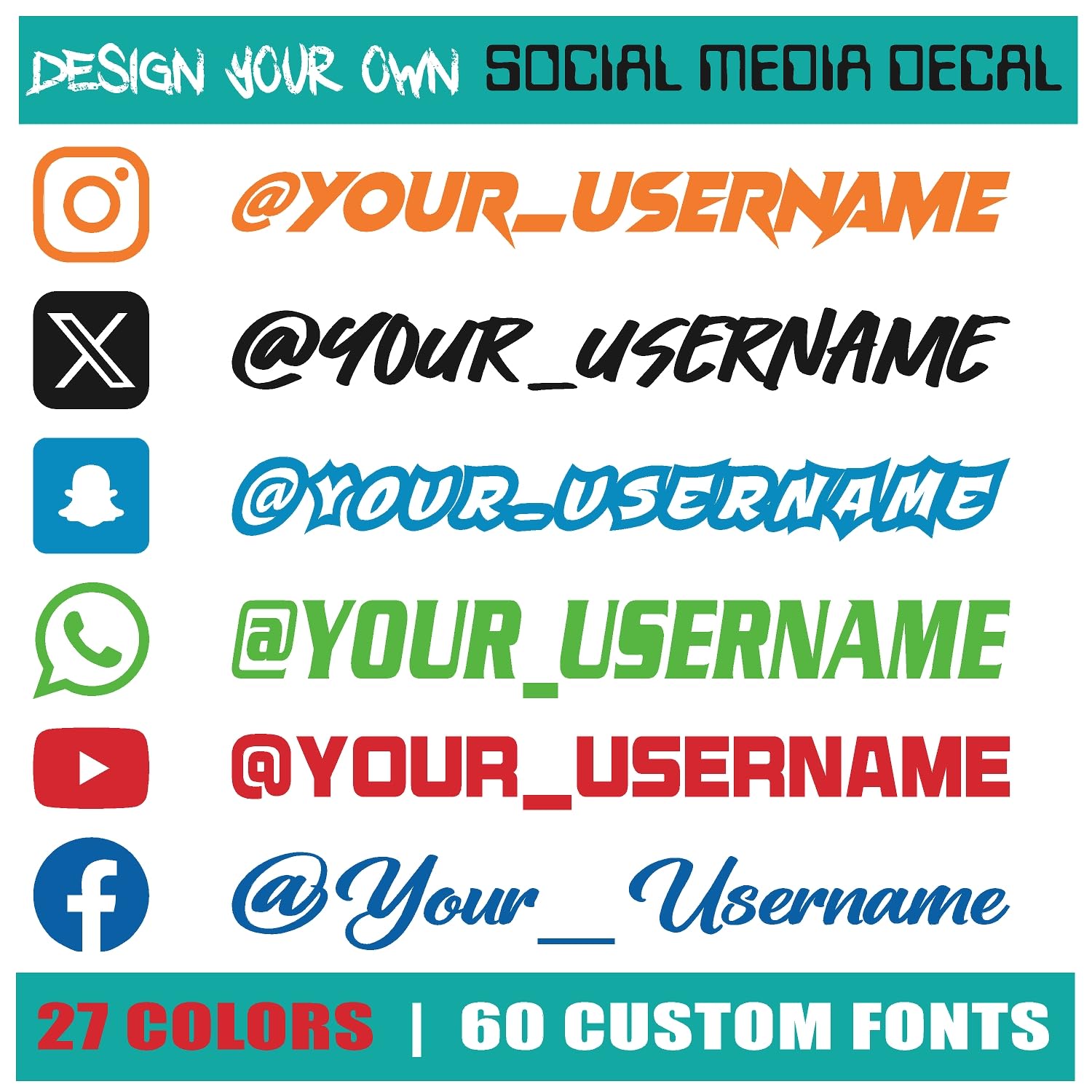 Custom Social Media Stickers, Personalized Username Decals, Durable Vinyl Handle Name Hashtag Graphics PTD (Standard Sizes 3-15 Letters)