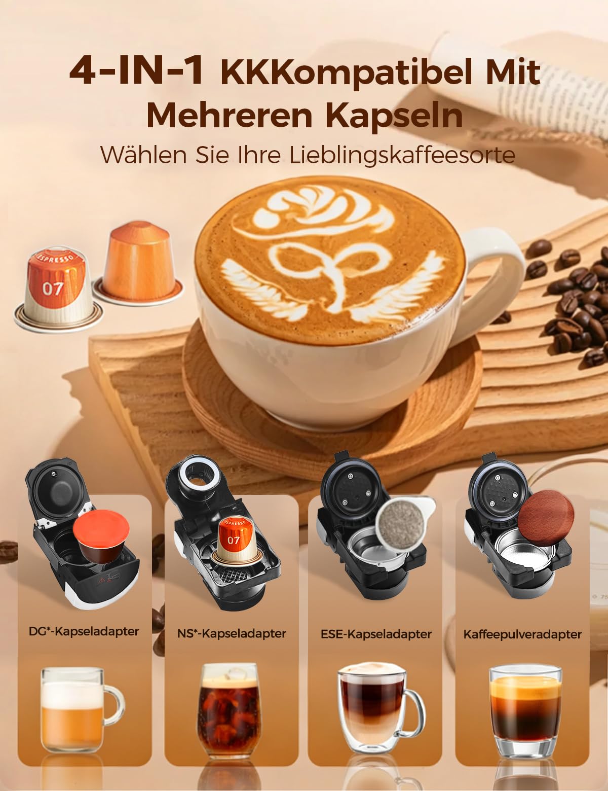 CAFELFFE Ekspres do kawy na kapsułki 4 w 1, 20 bar, zbiornik na wodę 600 ml, 7-stopniowa regulacja ilości wody i temperatury, kompatybilny z wkładami NS*/DG*/ESE i kawą w proszku, czarny