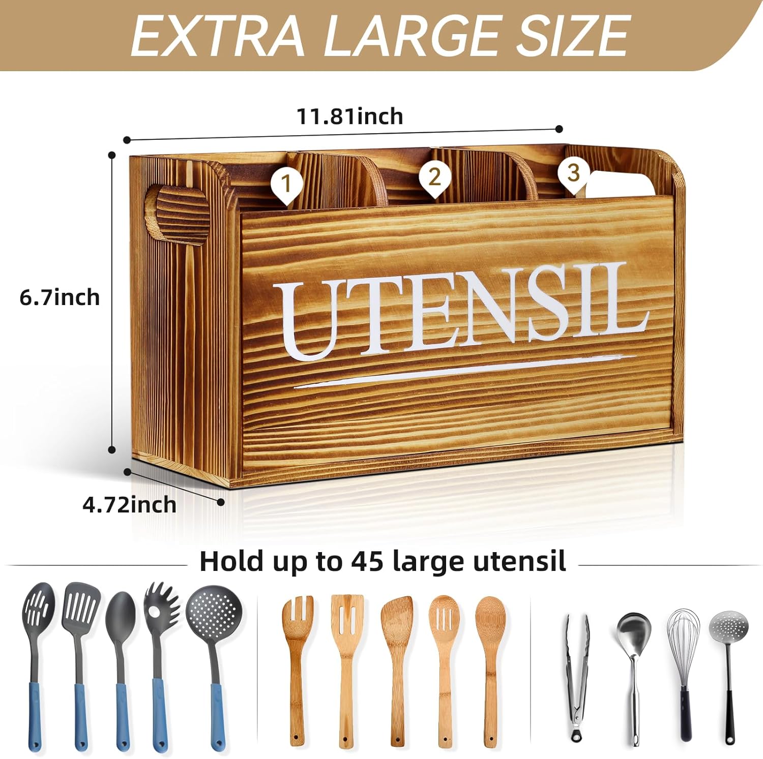 brekle Rustic Kitchen Utensil Holder Larger Wooden Utensil Holder for Kitchen Counter 3 Compartment for Efficient Utensil Organizer and Cooking Tools Storage : Home & Kitchen