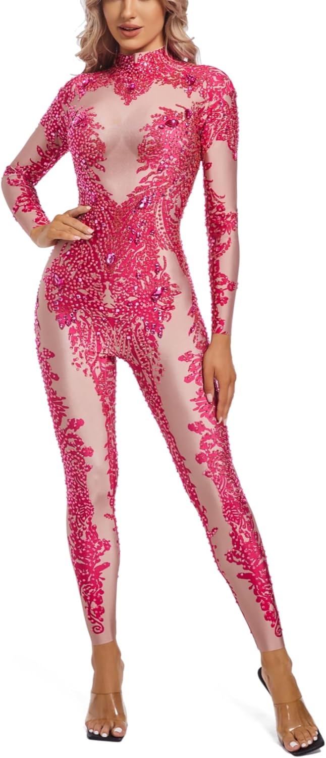 Long Sleeve Rhinestone Jumpsuits for Women Pole Dance Costumes Photo Shoot Props Drag Queen Outfit