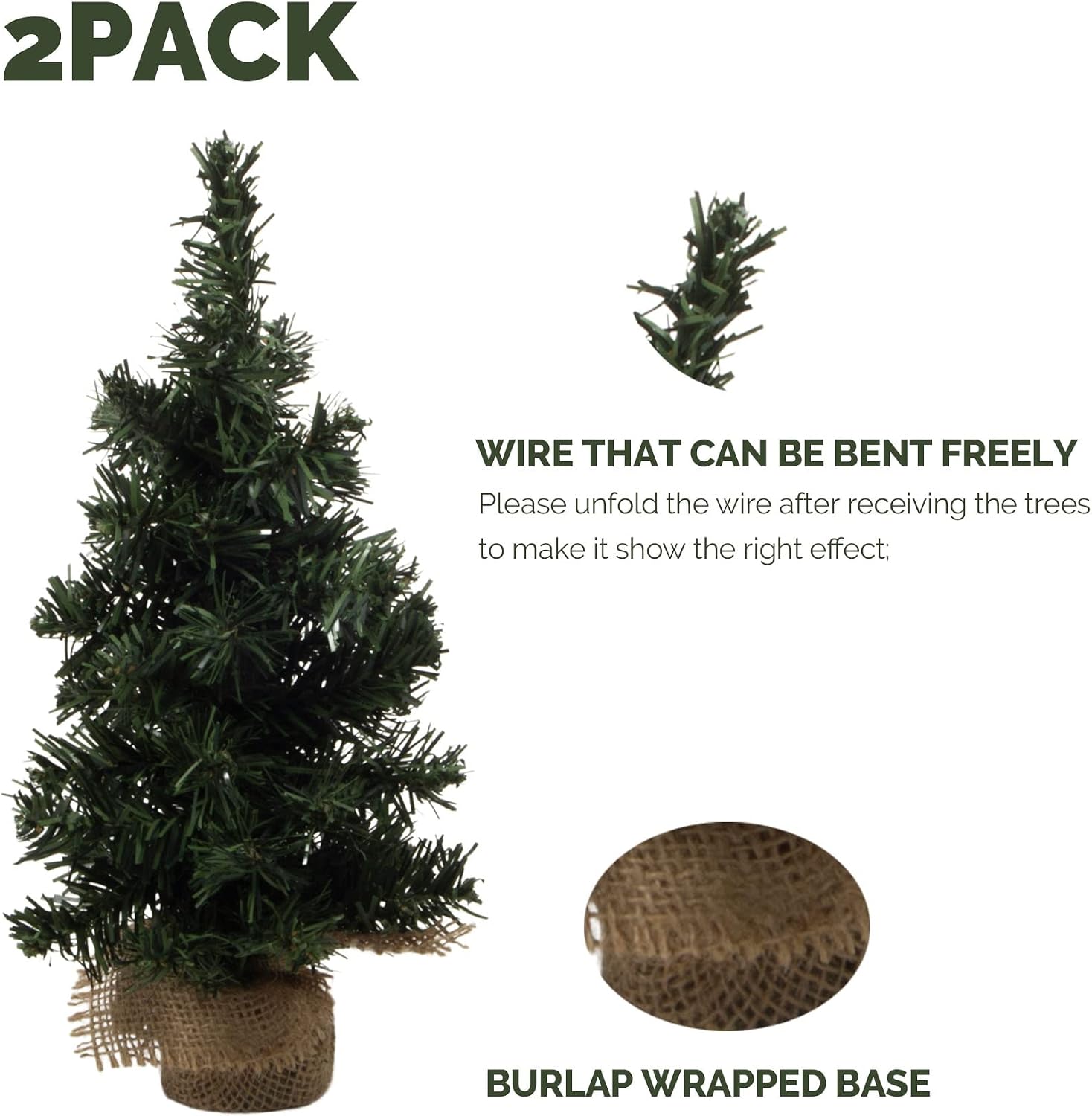 2Pack Mini Christmas Tree Table Top Decorations- Artificial Small Pine Trees with Burlap Base on Desktop, Shelves, Bedroom, Miniature Scenes Xmas for Home, Office, Party Decor