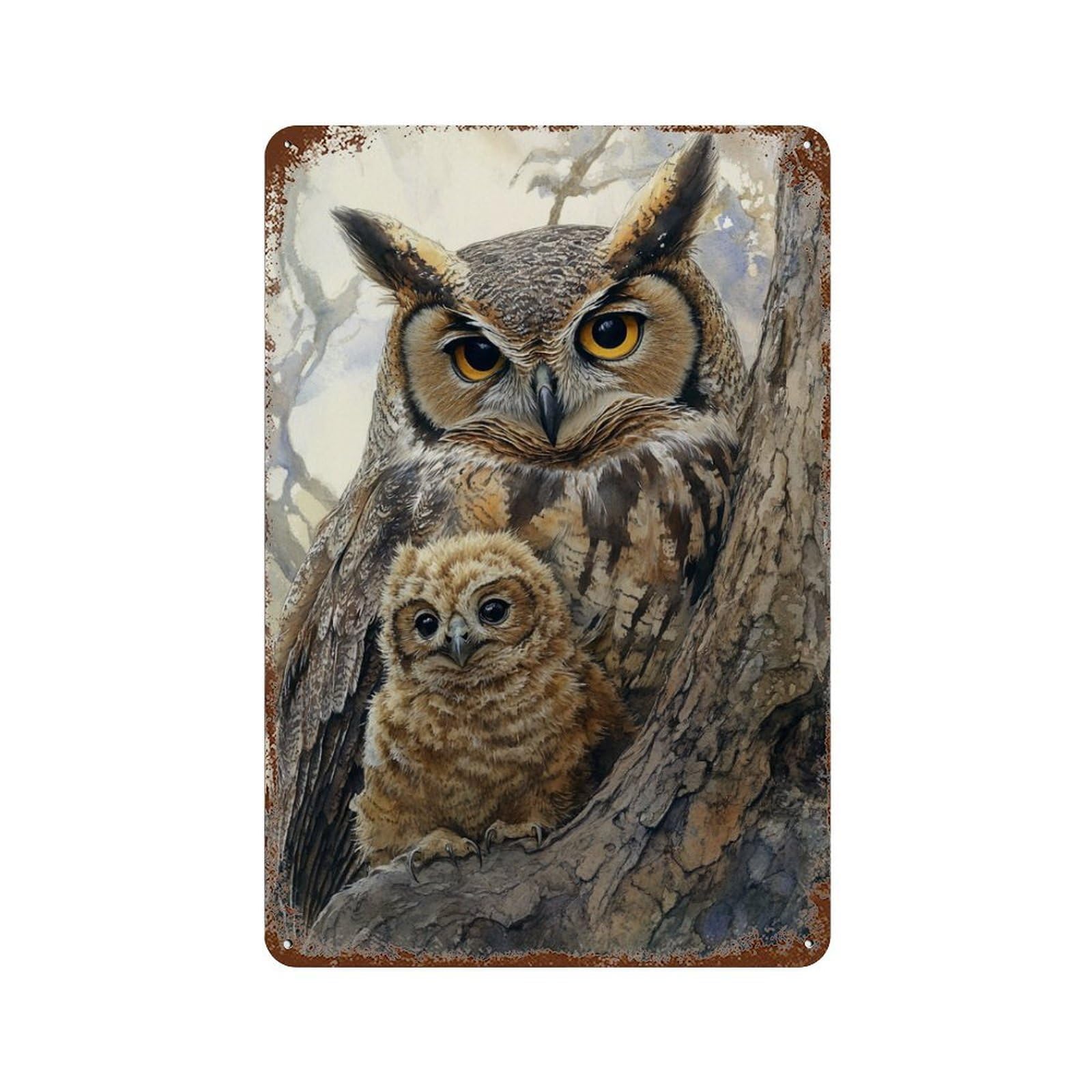 Rust Effect Great Horned Owl Family Rustic Tin Plaque 11.8"x7.9", Shabby Chic Decor for Basement, Hobby Room And Garage Decor