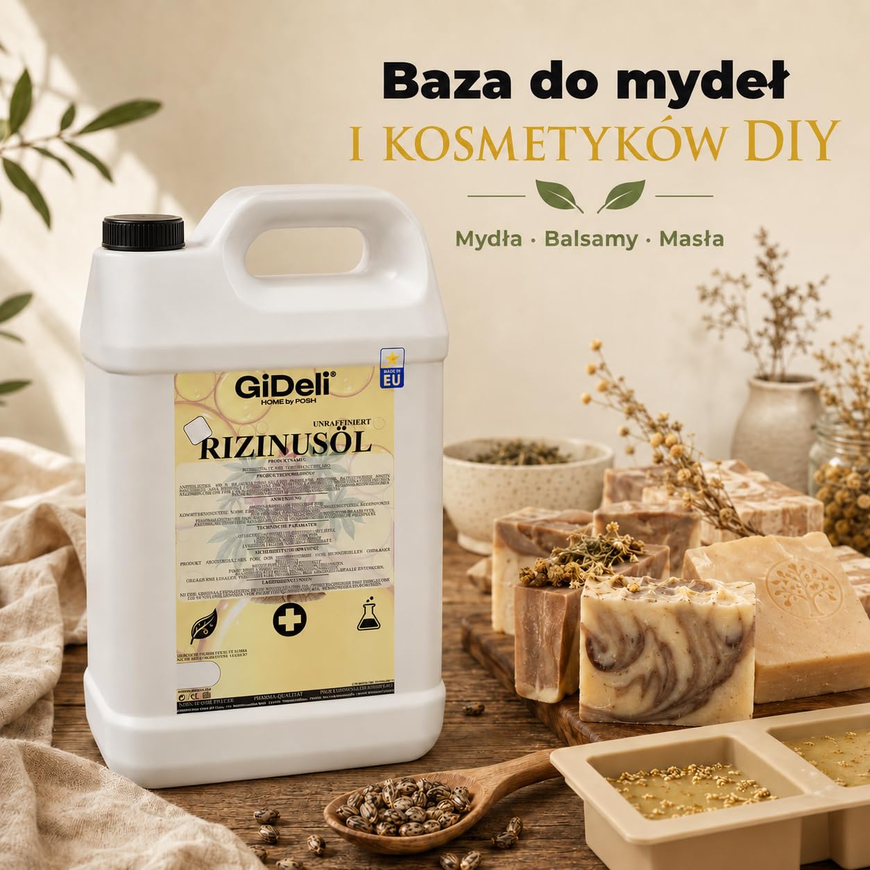 GiDeli Olej rycynowy tłoczony na zimno 2 x 5 l – czysty olej rycynowy w Ph. Eur. Jakość do włosów, rzęs i skóry – nierafinowany olejek pielęgnacyjny jako baza do kosmetyków naturalnych DIY – nie
