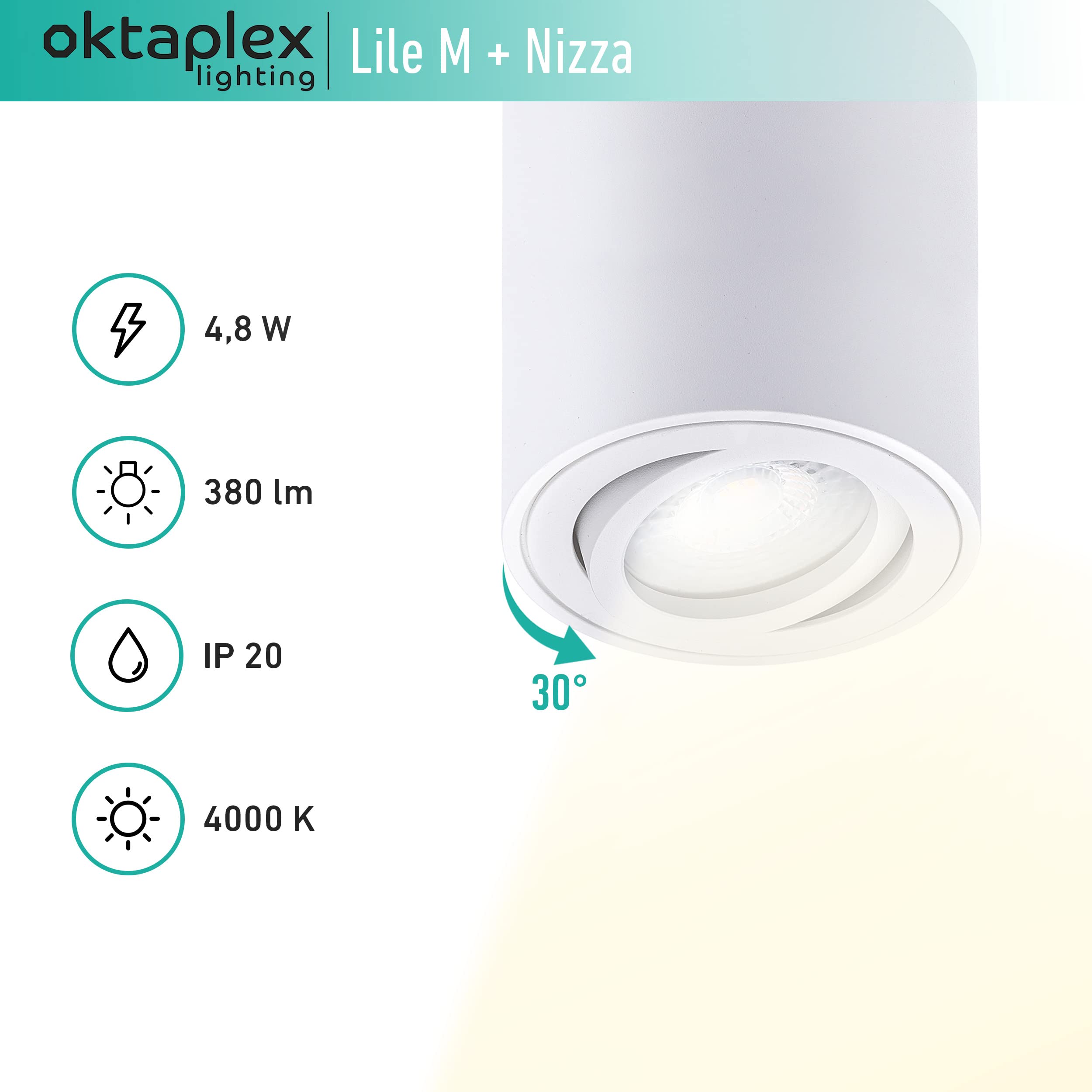 Oktaplex 3 Stück Aufbaustrahler Lile M Weiß inkl. LED Modul 4,8W 380lm