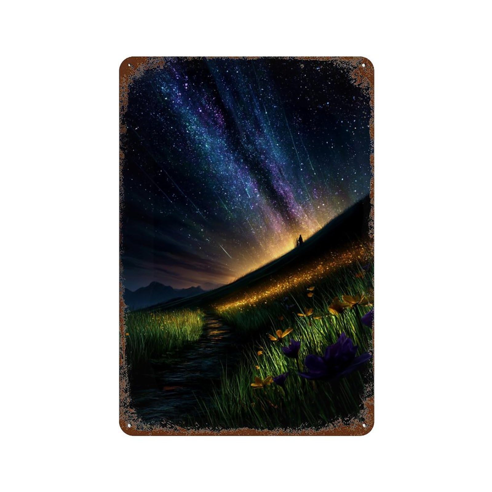 Starry Night Pathway Aged Metal Wall Plaque 11.8"x7.9", for Pub, Kitchen And Man Cave Decor, Decorative Metal Wall Art