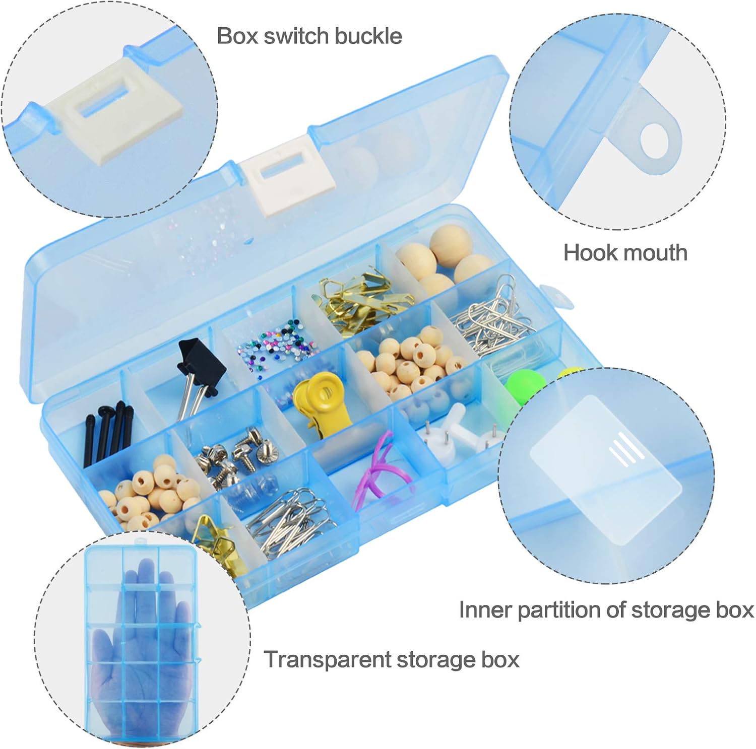 HappyHapi Plastic Jewelry Organizer Box, 6 Pack 15 Little Grids Plastic Bead Storage Container with Removable Dividers for Earring, Art and Crafts, 6.8 x 3.8 x 0.84 Inch