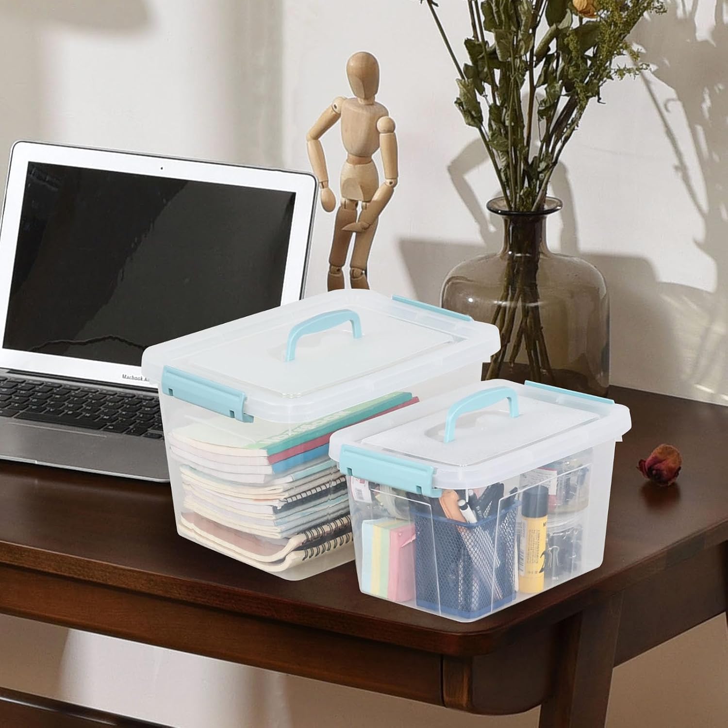 Ggbin 2 Pack Clear Lidded Storage Box with Handle, 6 Quart & 12 Quart | Plastic Organizer Bins