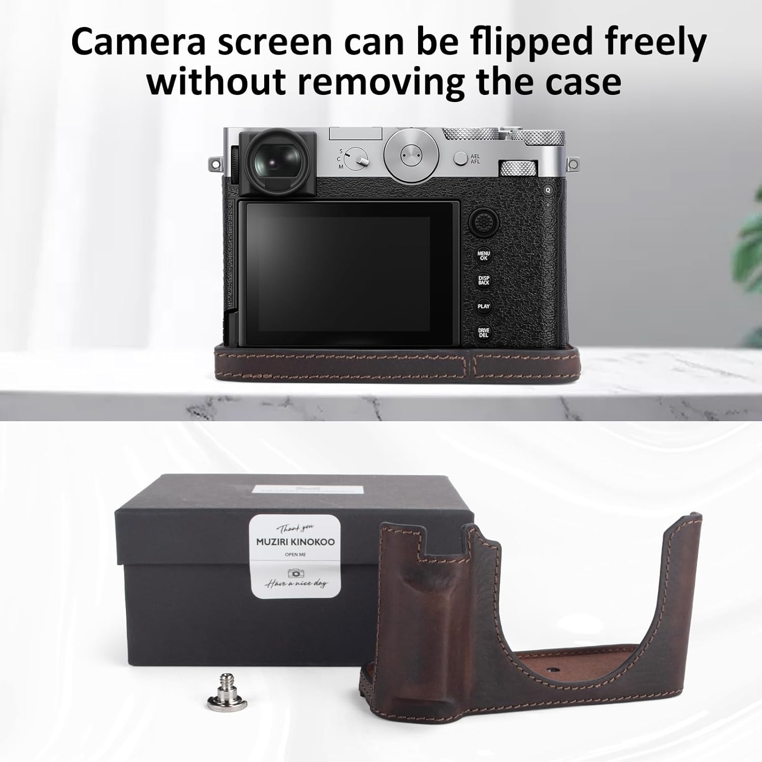 MUZIRI KINOKOO Fuji GFX100 RF Case, Genuine Leather Protective Half Case Compatible for Fuji GFX100 RF/GFX100RF Digital Camera - with Opening Bottom and Hand Grip Design - Coffee