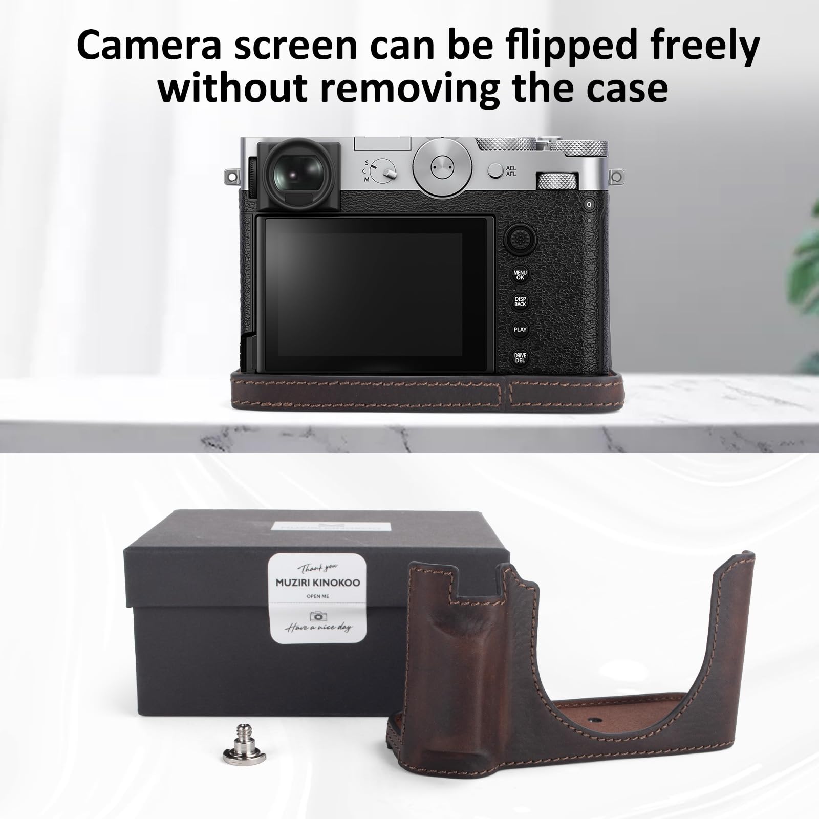 MUZIRI KINOKOO Etui Fuji GFX100 RF, etui ochronne z prawdziwej skóry kompatybilne z aparatem cyfrowym Fuji GFX100 RF/GFX100RF - z otworem na dole i uchwytem na rękę - kawowe
