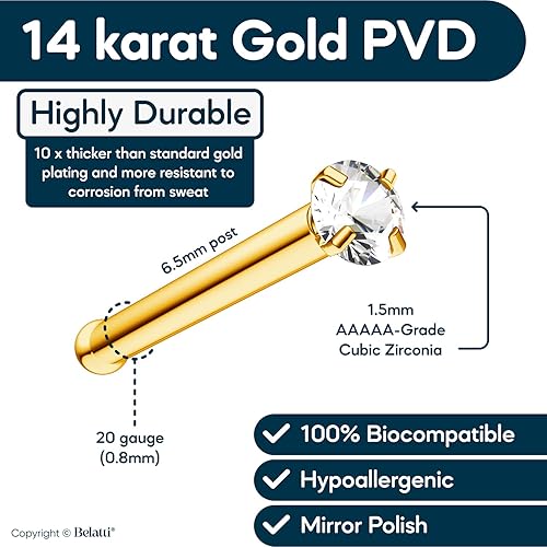 Miniatura 3 de Belatti Surgical Steel Nose Ring For Women & Men - CZ Cubic Zirconia Diamond Set - Hypoallergenic Bar Nose Stud Piercing Jewelry (choose GAUGE -