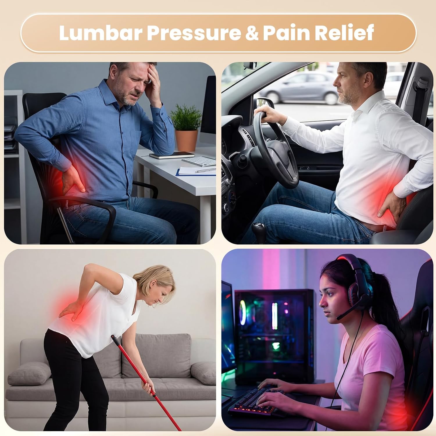 ZZ-WELL Lumbar Support Pillow for Office Chair - Ergonomic Back Support Cushion for Mid Lower Back Pain Relief, Posture Improved - Adjustable Straps, Breathable & Removable Cover (Black)