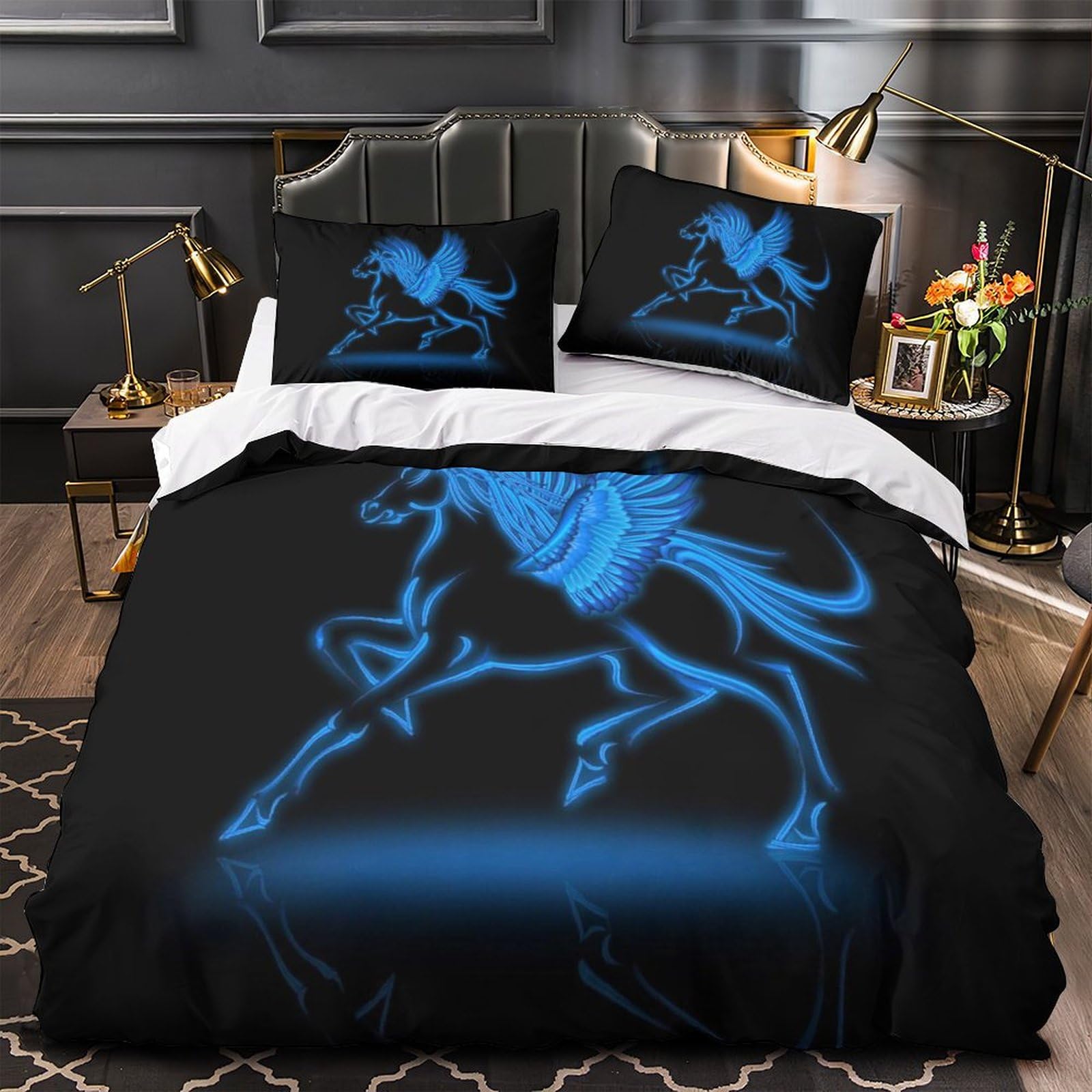 MXRMXR Horse Quilt Cover Set Comforter Cover Bedding Set Soft Microfiber Duvet Cover Set with Pillowcases And Zipper Closure for Kids Adult Teens Single（140x200cm）