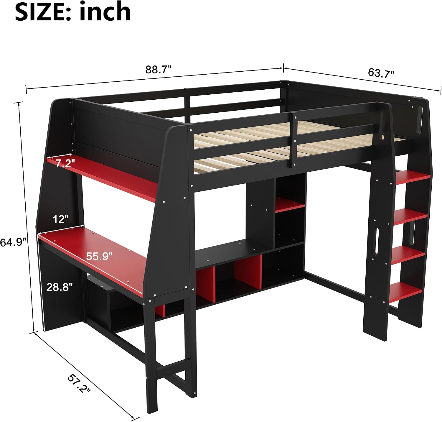 Full Size Loft Bed with LED Desk Built-in USB-Ports, TV-Stand, Hanging Clothes Rack, Loft Bunk Bed with Storage Bookcase, Shelves, for Kids Adults Boys Girls - Black