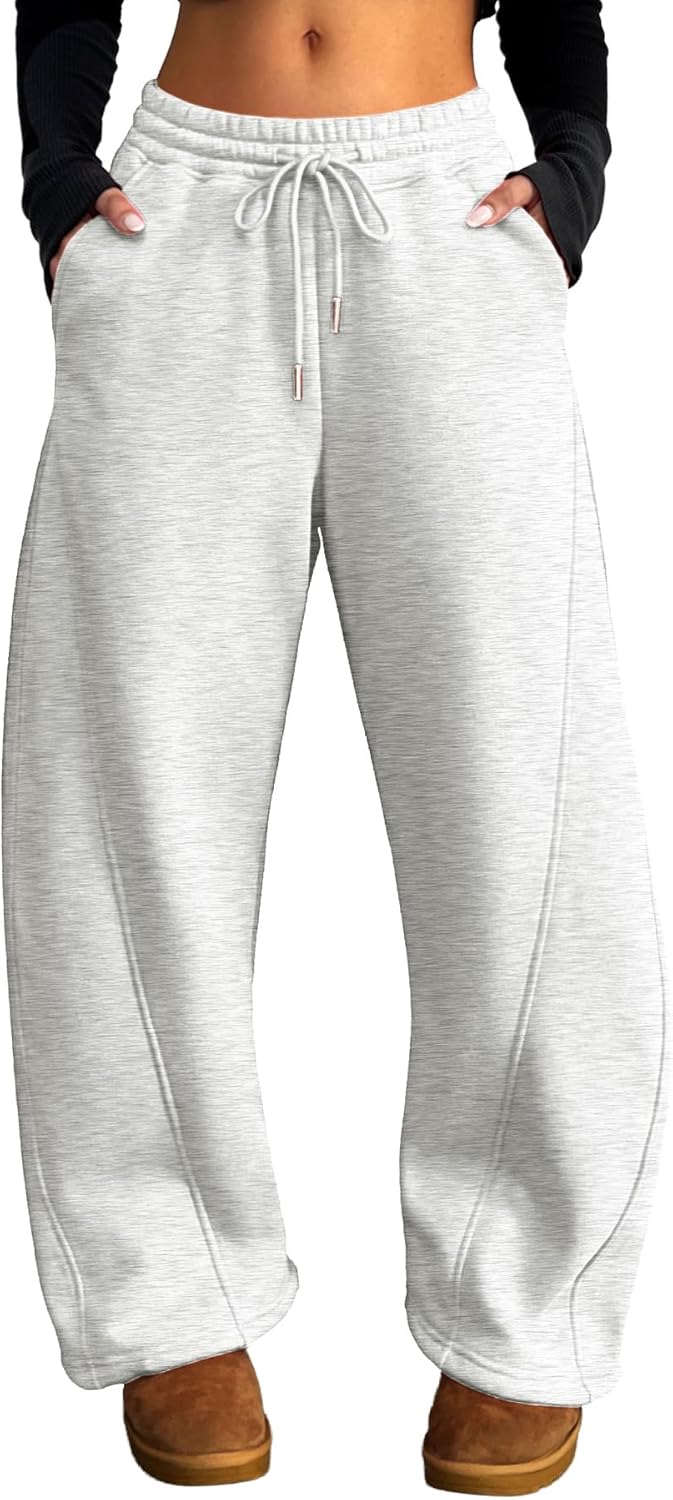 ELLEVEN Women's Fleece-Lined Barrel Leg Sweatpants Pants Casual with Adjustable Ankle Drawstring & Pockets